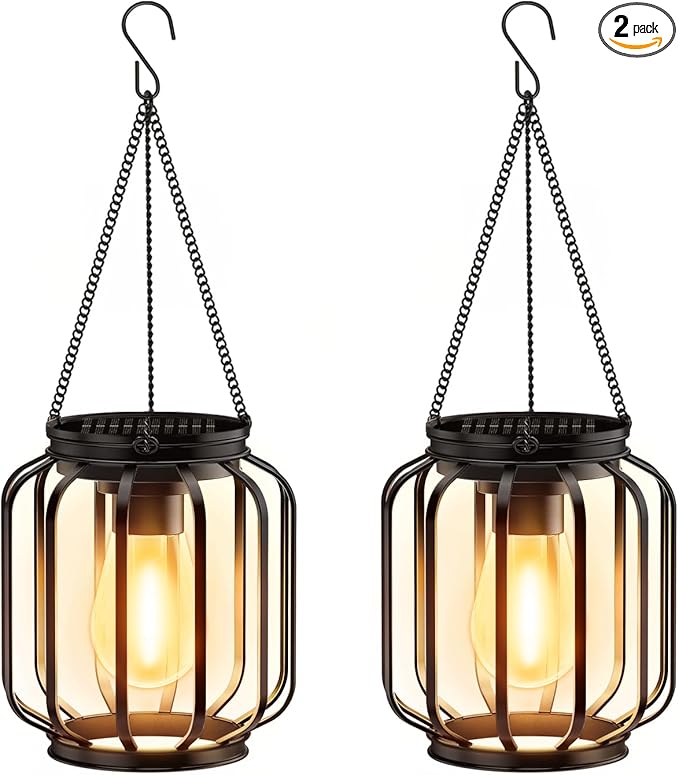 Solar Hanging Lanterns Outdoor: 2 Pack Metal Solar Hanging Lights with Hook, Bright - Warm Waterproof LED Lanterns for Outside, Classic Decorative Solar-Powered Light for Yard Garden Patio Porch Decor