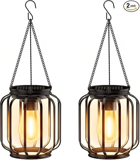 Solar Hanging Lanterns Outdoor: 2 Pack Metal Solar Hanging Lights with Hook, Bright - Warm Waterproof LED Lanterns for Outside, Classic Decorative Solar-Powered Light for Yard Garden Patio Porch Decor