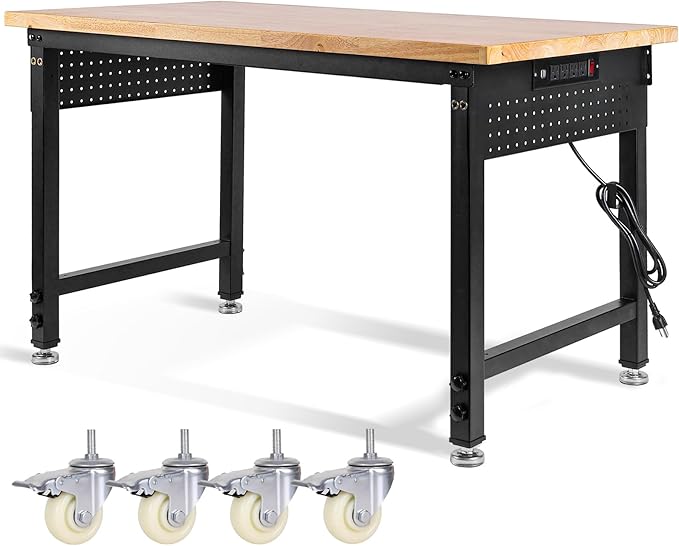 48" L×24”W Adjustable Workbench with Wheels, 28”-40”Height Heavy Duty Table 2000 LBS Load Capacity, Work Bench with Power Outlet & Pegboard, Rubber Wood Work Table for Garage, Office, Workshop