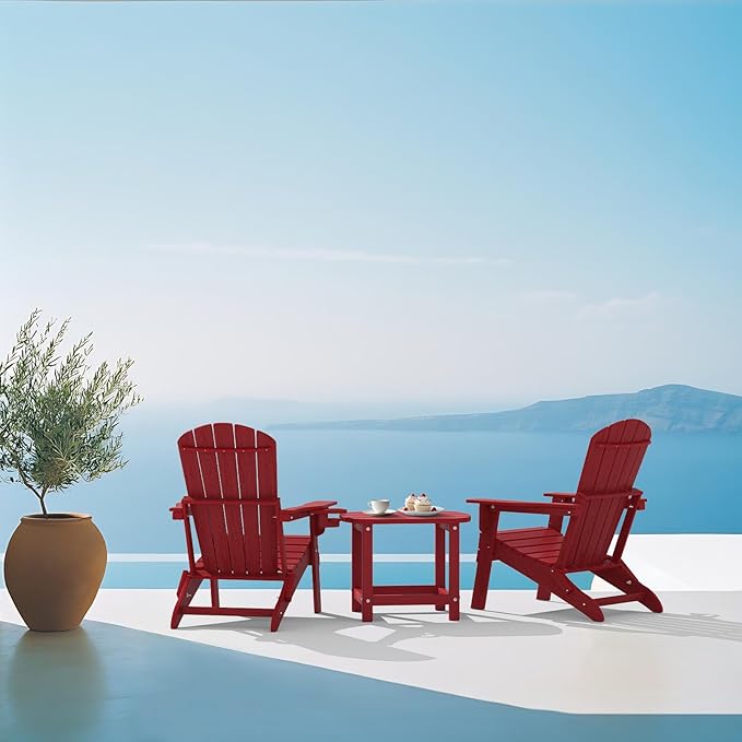 Folding Adirondack Chair, SGS Tested, Wooden Textured with Cup Holder, Heavy All-Weather HDPE Outdoor Chairs for Patio Backyard Lawn,Red