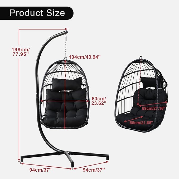 PRIVATE GARDEN Indoor Outdoor Patio Hanging Egg Chair Wicker Swing Hammock Chairs UV Resistant Cushion Folding Aluminum Frame 330lbs Capacity for Patio Bedroom Balcony (Black)