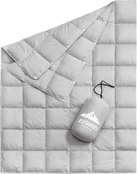 zzlamb Puffy Down Camping Blanket Water-Repellent, Down Throw Travel Blanket Portable for Outdoor, Light Warm Quilt for Couch Plane Car Theater Stadium Picnic RV Backpacking Hammock