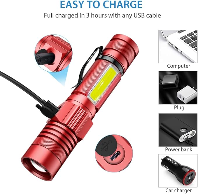 Rechargeable LED Flashlights, Magnetic Flashlight Tactical Super Bright with SideLight,USB Rechargeable,Zoomable,Waterproof Best Small Flash Light for Camping, Emergency Red