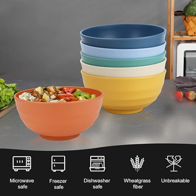 Homienly Wheat Straw Large Bowls, 60 OZ Large Capacity Salad Bowl,Unbreakable Bowl Set of 6, Serving Bowls for Kitchen, Picnic, Party, Microwave and Dishwasher Safe Camping Bowl Set-Multi