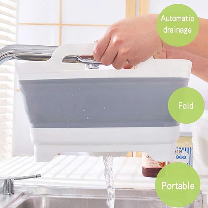 9L (2.4Gal) Dish Basin Collapsible with Drain Plug Carry Handles,Kitchen Storage Tray Dish Wash Basin, Portable Dish Tub, Foldable Dishpan for Camping,RV,Gray