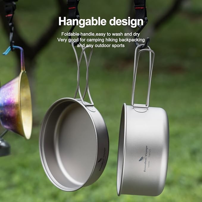 Boundless Voyage Outdoor Titanium Pot with Pan Set with Collapsible Folding Handle for Outdoor Camping Cooking Hiking Backpacking Portable Cookware