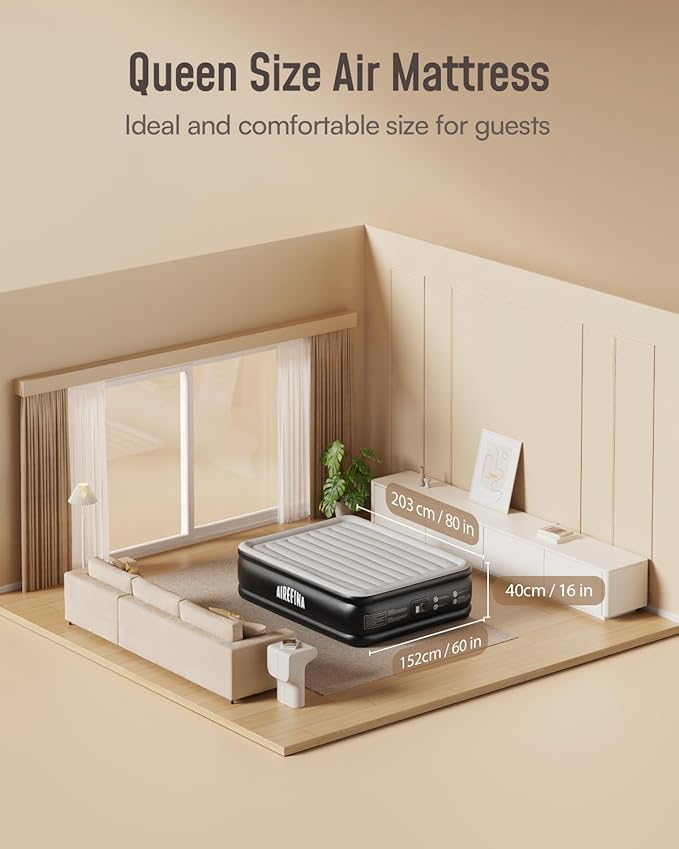 Airefina Queen Air Mattress with Built in Pump, Upgraded Comfort Blow Up Mattress Raised Inflatable Mattress for Guest Home Temporary Camping, Air Bed Queen Size, Colchones Inflables, 700lbs Max