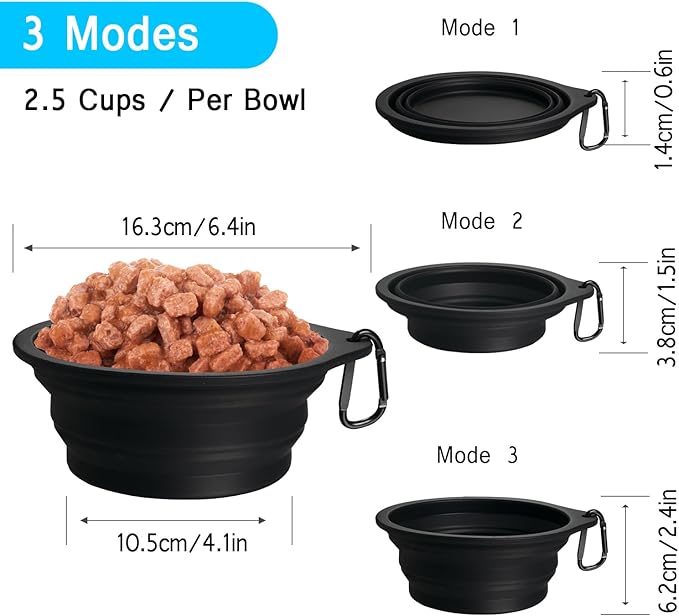 PetBonus 2-Pack Silicone Collapsible Dog Bowls, BPA Free Dishwasher Safe, Portable Foldable Expandable Travel Bowl, Food Water Feeding Cup Dish for Dogs Cats with 2 Carabiners (Black, Black)