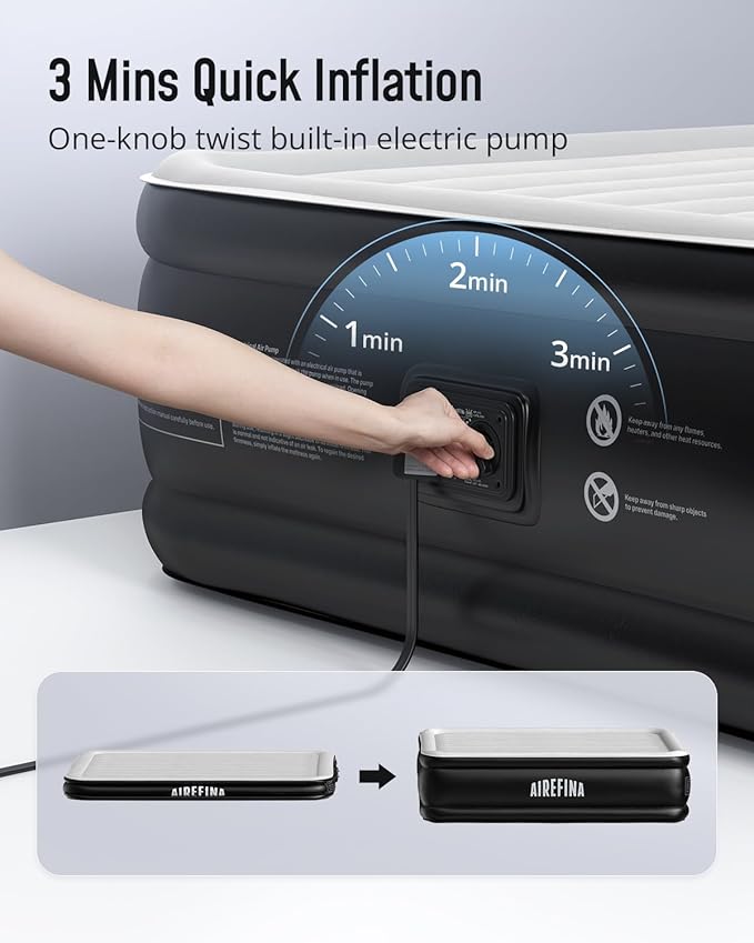 Airefina Air Mattress Queen with Built in Pump, 18 Raised Blow Up Mattress Upgraded Comfort Inflatable Mattress for Guest Home, with Portable Carrying Bag Air Bed Queen Size, Colchones Inflables