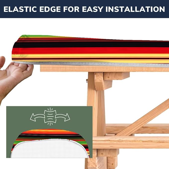 CAPSCEOLL Fitted Picnic Table Cover with Bench Covers with Elastic 8Ft Waterproof Camping Picnic Table Cover Cloths for Outdoors Camping Tablecloth with Drawstring Bag, 96X30in, Colorful Stripes