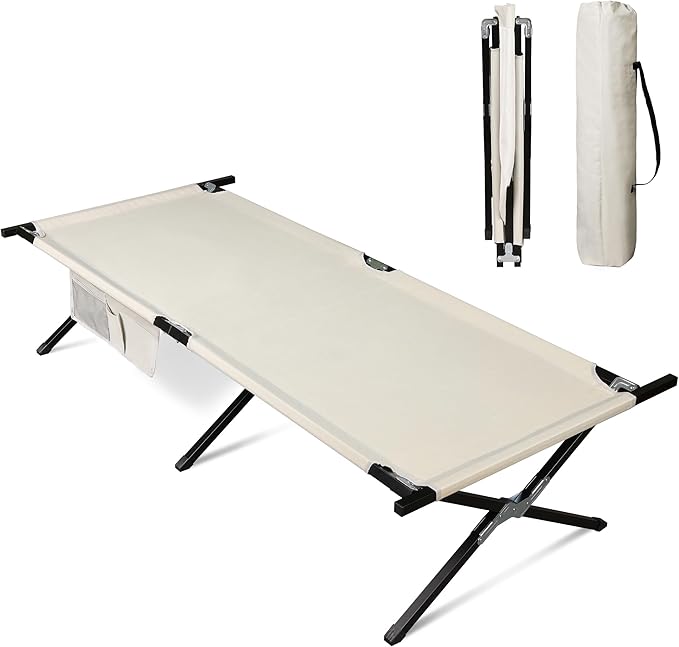 WLIVE Military Camping Cot, Portable Folding Cots for Sleeping with Carry Bag, Outdoor Camping Bed for Adults with Side Pocket, Support 300 Lbs, Silver Greige
