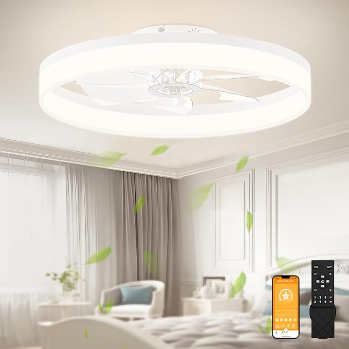 VOLISUN Low Profile Ceiling Fans with Lights and Remote, 23.6in Flush Mount Ceiling Fans with Light, 3000K-6500K Dimmable Fandelier LED Fan Lights, Bladeless Ceiling Fan with Light for Bedroom(White)