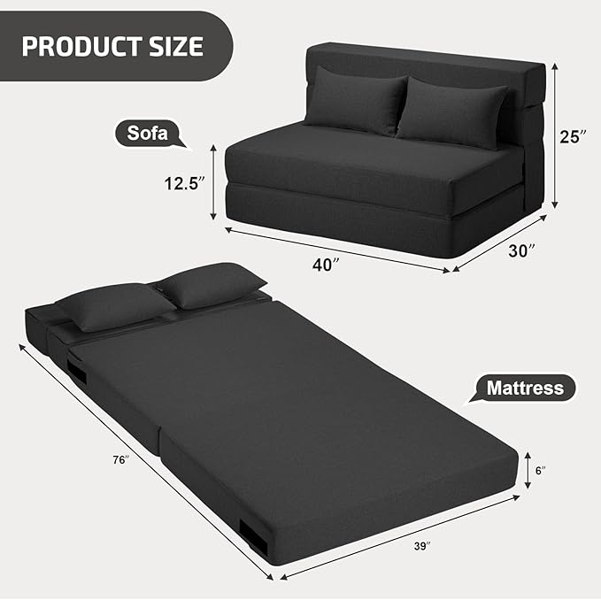 Folding Sofa Bed with Pillows- Convertible Chair Floor Couch & Sleeping Mattress, Foldable Memory Foam Sleeper for Living Room/Dorm/Guest Room/Home Office/Apartment/Loft, Twin, Dark Gray