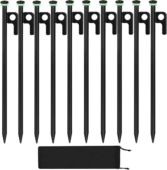 10Pcs Tent Stakes, 12in Heavy Duty Tent Stakes with Storage Pouch, Forged Steel Tent Sakes Metal, Metal Stakes for Tent Used on Grassland, Snowfield, Dessert(10Pcs, 12in, Diameter 3/8")