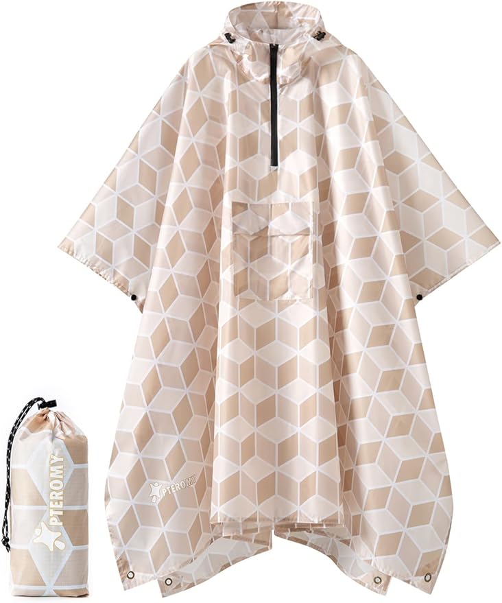 PTEROMY Hooded Rain Poncho for Adult with Pocket, Waterproof Lightweight Unisex Raincoat for Hiking Camping Emergency