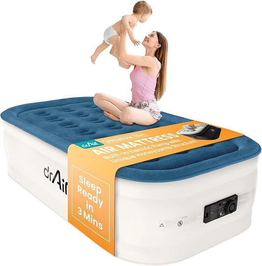 Twin Air Mattress, 18” Raised Inflatable Bed with Built-in Pump, Waterproof Velvety Top, Ergonomic Design, Reinforced Support, and Carry Bag for Home, Camping, and Guests