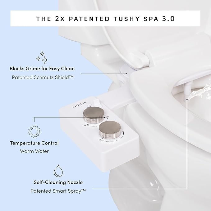 TUSHY Spa Royale Warm Water Bidet Seat Attachment. Self Cleaning Water Sprayer, Adjustable Pressure Nozzle, Angle Control. (Requires Sink Access for Water Temperature Control), Gold Knobs
