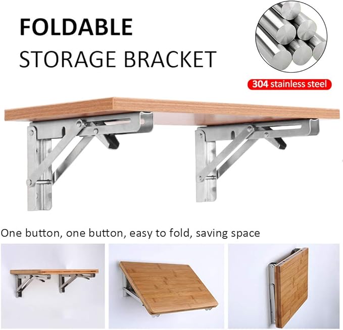 Storystore Folding Shelf Brackets - 12Inch Heavy Duty Stainless Steel Collapsible Shelf Bracket for Bench Table, Space Saving DIY Bracket, Max Load: 550lb
