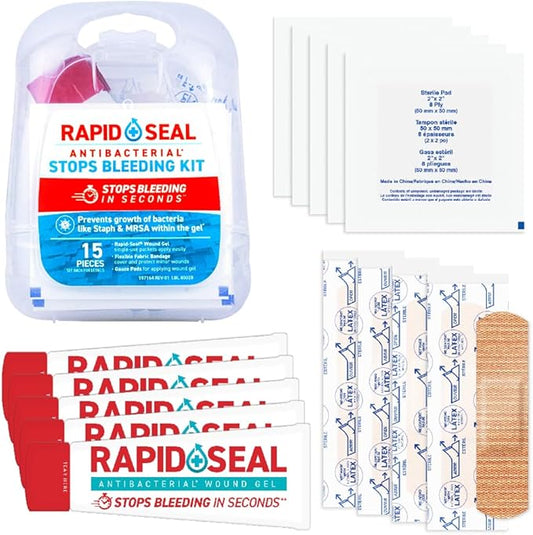 Rapid Seal 15pc Hemostatic First Aid Wound Care Kit | Stops Bleeding in Seconds | Quick Effective Bleed Control | for Blood Clotting, Trauma Kit, Survival Gear and Supplies