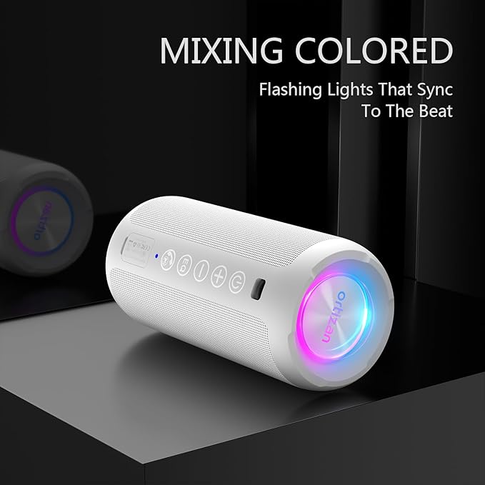 Ortizan Portable Bluetooth Speaker: IPX7 Waterproof, 24W Loud Sound, Deep Bass, Bluetooth 5.3, LED Lights, Wireless Stereo Pairing, 30H Playtime, for Home/Outdoor/Party/Beach, Birthday Gift (White)