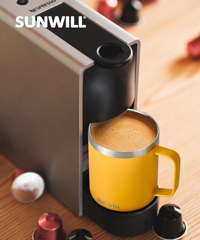 SUNWILL Travel Coffee Mugs Set of 4, Insulated Tumbler with Lid, 14oz Stainless Steel Cup with Handle Bulk for Gift, Camping, Office, Powder Coated Charcoal, Royal Blue, Magenta, Yellow