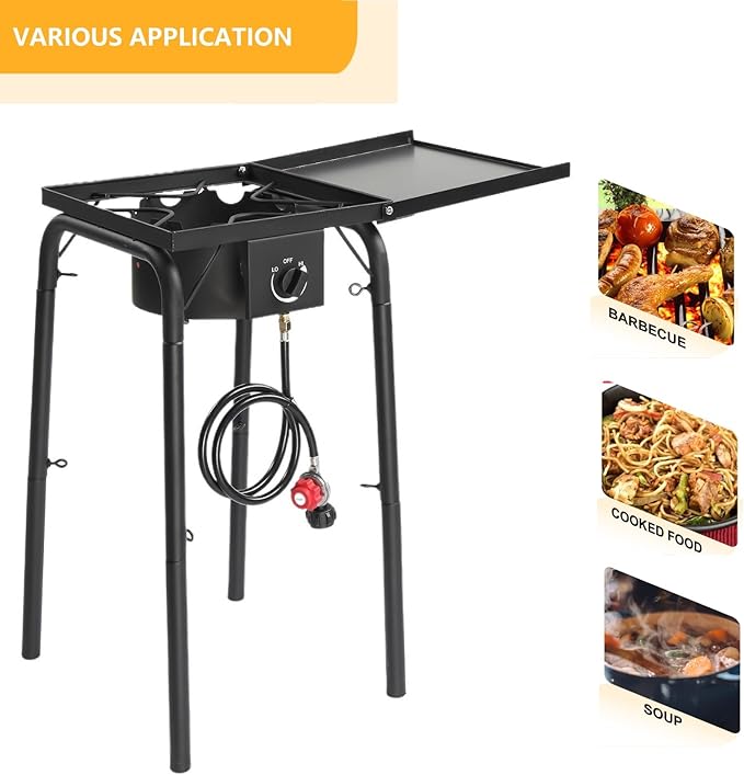 Bonnlo Single Burner Gas Stove Propane Stove, 100,000 BTU High Power Portable Outdoor Camp Cooker Stove with 20 PSI Regulator, Adjustable Height & Side Shelf for Backyard, Camping, Tailgating