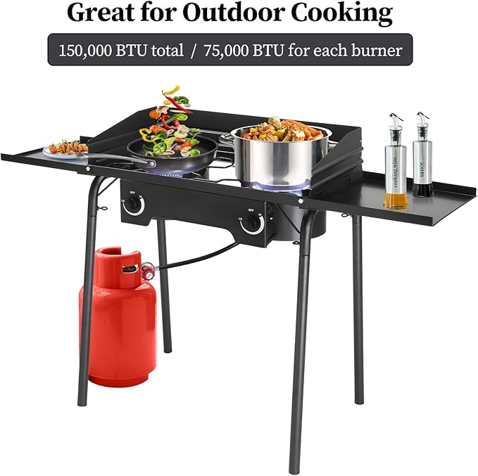 Bonnlo 2 Burners Propane Gas Stove, 150,000 BTU Portable Outdoor Camp Cooker Stove with Regulator, Side Shelves, Foldable Windpanel, Adjustable Height & Carrying Bag for Backyard, Camping, Tailgating