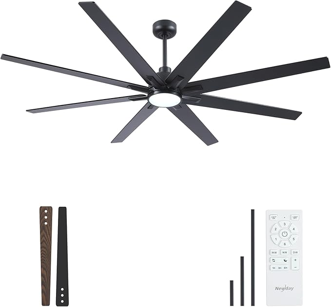 Newday 72 Inch Black Ceiling Fan with Light and Remote, Indoor/Outdoor Silent Reversible DC Motor, 6 Speeds, 3CCT, Timer, 8 Blades, 3 Downrods for Living Room, Patio, Garage