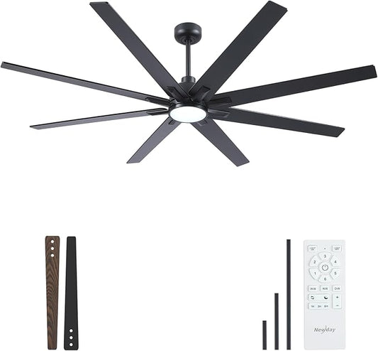 Newday 72 Inch Black Ceiling Fan with Light and Remote, Indoor/Outdoor Silent Reversible DC Motor, 6 Speeds, 3CCT, Timer, 8 Blades, 3 Downrods for Living Room, Patio, Garage