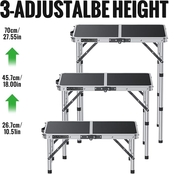 GARLLEN Folding Table, Adjustable Height Camping Table, Lightweight Portable Aluminum Picnic Table (22.8" L x 15.7" W (3 Height)) for Outdoor BBQ Dining Cooking