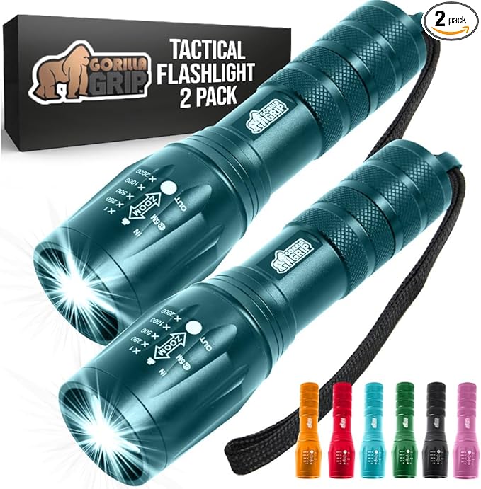 GORILLA GRIP Powerful LED Tactical Flashlight, 750 FT High Lumens 5 Adjustable Modes, Water Resistant, Ultra Bright Zoom Flashlights, Small Mini Flash Light, Camping, Night Dog Walking, 2 Pack Teal