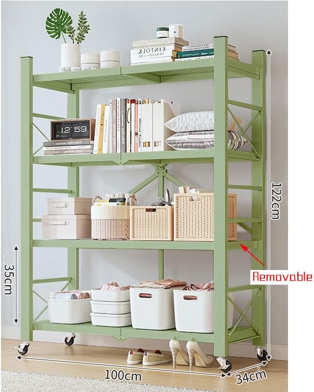 4-Tire Storage Rack, Height Adjustable, 40 * 13 * 50in Foldable Metal Garage Storage Shelves Organizer, Portable Metal Kitchen Shelving, Closet Shelving Unit Bakers Rack (Green 4 Shelfs)