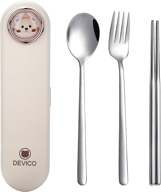 DEVICO Travel Utensils with Case Cute, Reusable Silverware for Lunch, Portable Cutlery Set, 18/8 Stainless Steel Fork Spoon Chopsticks in Cartoon Case, Dishwasher Safe (Light Yellow)