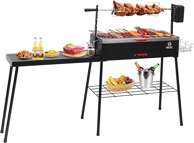 Nice C Portable Charcoal Grill, Rotisserie, Detachable Table, Stainless Steel, Black, Outdoor, Freestanding, Manual Rotisserie