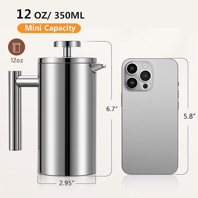 Small French Press 350ml, Double-Wall Insulated French Press Coffee Press Stainless Steel for travel camping, Single Cup Pour Over Coffee Maker (1 cup, 12 OZ)