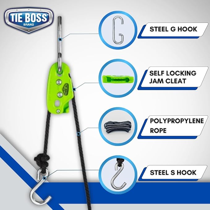 Tie Boss - 1/4 Inch, Medium Duty, (150 lbs Working Load Limit), Weather Resistant, Tie Down, Rope Tightening System, (w/15 ft Rope) (Pack of 1) (Green)