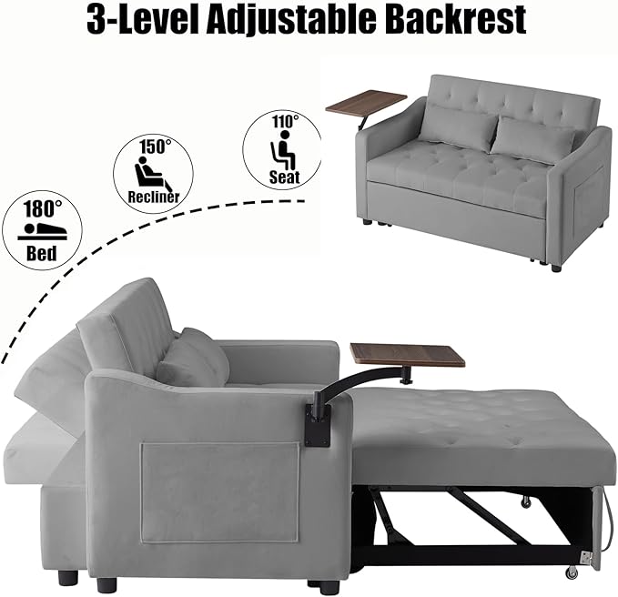 53.15" Convertible Sleeper Sofa Bed with Swivel Table, Adjustable Backrest & Side Pocket, Pull-Out Velvet Loveseat Futon for Small Spaces, Easy Assembly, 3-in-1 Couch Bed for Living Room