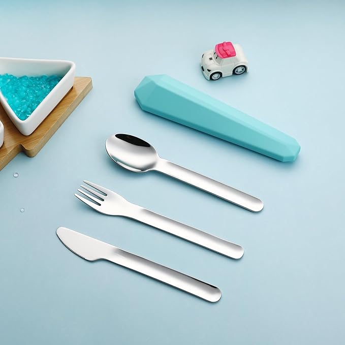 DEVICO Travel Utensils with Case, Reusable Camping Silverware Cutlery, 18/8 Stainless Steel Portable Fork Spoon Knife Set for Lunch Picnic School Workplace (Teal)
