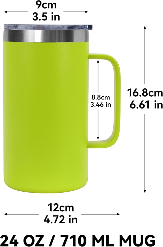 DOMICARE 24oz Mug with Handle and Lid, Stainless Steel Coffee Mug, Reusable Insulated Cup, Travel Mug with Handle, Double Wall Vacuum Coffee Tumbler for Men and Women, Light Green, Pack 1