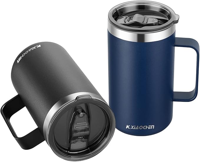 KXIAOCHEN 20oz Insulated Coffee Mug with Lid, Stainless Steel Coffee Cup, Double Wall Vacuum Coffee Tumbler with Handle, Premium Thermal Travel Coffee Mug (Navy Blue Black 2Pack)
