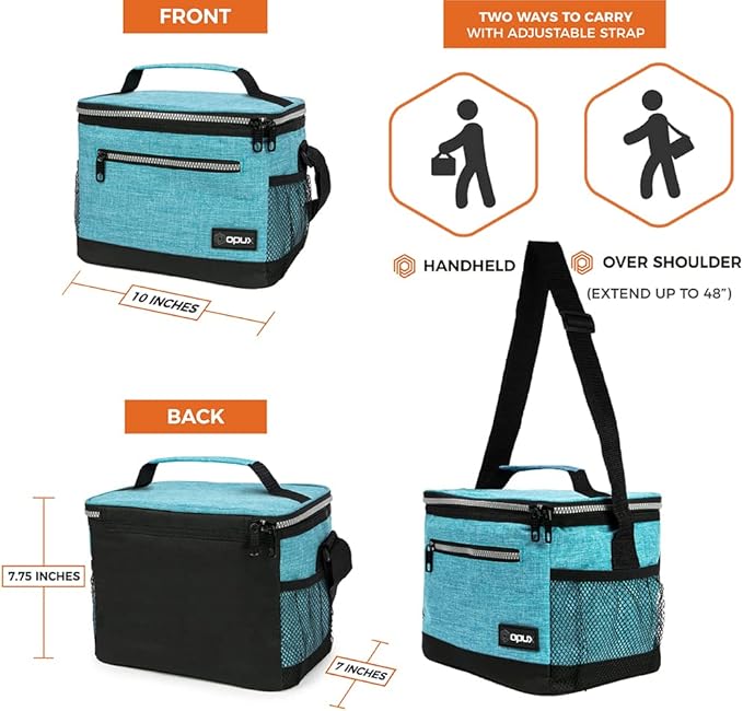 opux Insulated Lunch Box Men Women, Lunch Bag for Work School, Leakproof Soft Cooler Tote Adult, Large Lunch Pail Kids Boys Girls, Picnic Beach Food Bag with Shoulder Strap, Turquoise Blue