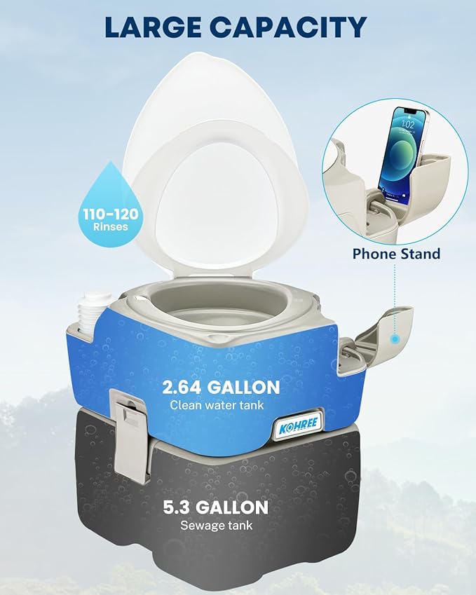 Kohree Portable Toilet for Camping 5.3 Gal: 20L Cassette Toilet Porta Potty for Adults with Diagonal Elongated Bowl Seat - Leakproof Bellows Flush Pump, Large Capacity Camping Toilet for RV Trailer