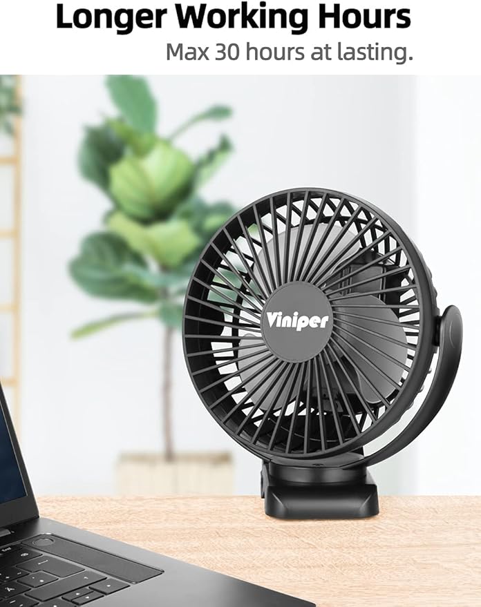 Viniper 6 inch Rechargeable Clip on Fan, 5000mah Battery Desk Fan : 360° Rotation & 3 Speeds Strong Wind Portable Fan, 8-30 Working Hours, Quiet and Powerful (Black)