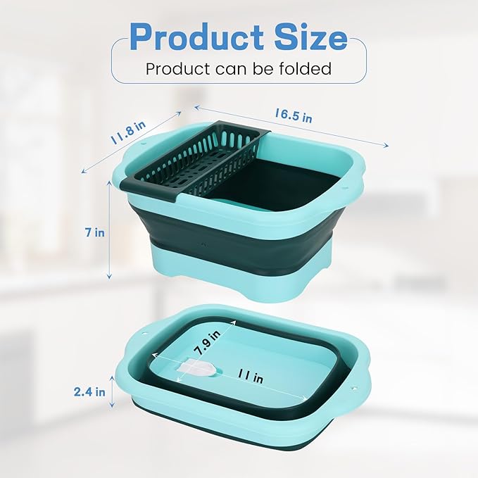 11 Liters (2.91 Gallons) Collapsible Dish Basin with Drain Plug,Outdoor Multi-Purpose Camping Sink for Cleaning Vegetables and as an Ice Bucket, Suitable for Kitchens, Camping and RVs (Green)