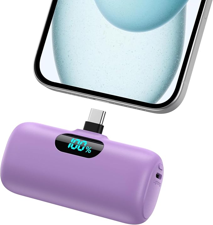 Mini Portable Charger USB C Power Bank,Upgraded 5000mAh PD Fast Charging Battery Pack Built-in USB-C Connector,LCD Display,Compatible with iPhone16,16 Plus,16Pro/Max/15,iPad Pro/Air (Deep Purple)