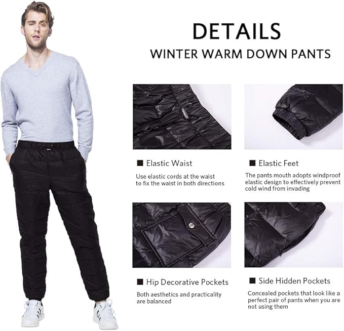 Men's Winter Warm Loose Utility Down Pants Sassy High Waisted Nylon Compression Snow Trousers