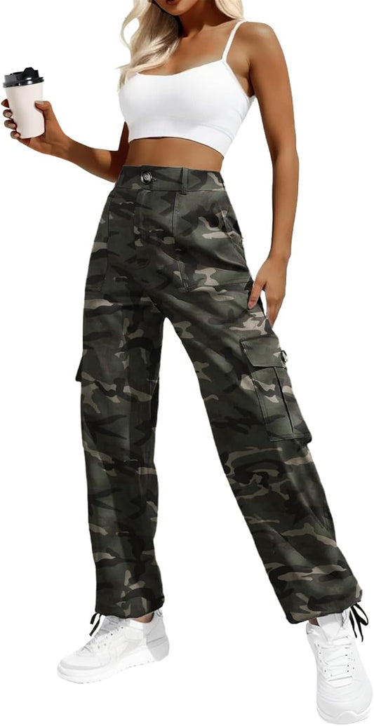 Lepunuo Women's High Waisted Cargo Pants Travel Y2K Streetwear Baggy Stretchy Pants with 6 Pockets Drawstring Ankle Cuffs