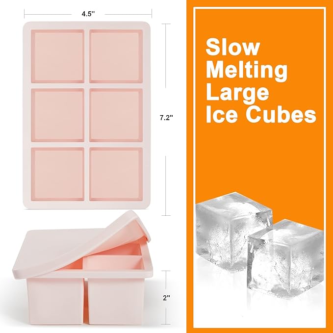 Nax Caki Pink Large Ice Cube Tray with Lid Pack of 2, Stackable Big Silicone Square Ice Cube Mold for Whiskey Cocktails Bourbon Soups Frozen Treats, BPA Free