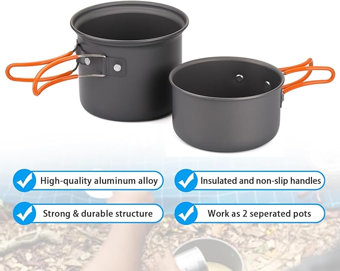 Odoland 6pcs Camping Cookware Mess Kit with Lightweight Pot, Stove, Spork and Carry Mesh Bag, Great for Backpacking Outdoor Camping Hiking and Picnic