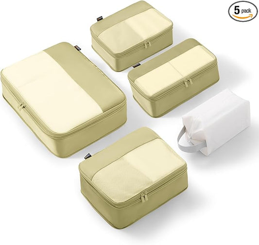 5 Set Compression Packing Cubes for Travel, Space Saving Luggage Organizer Bags (Bright Yellow)